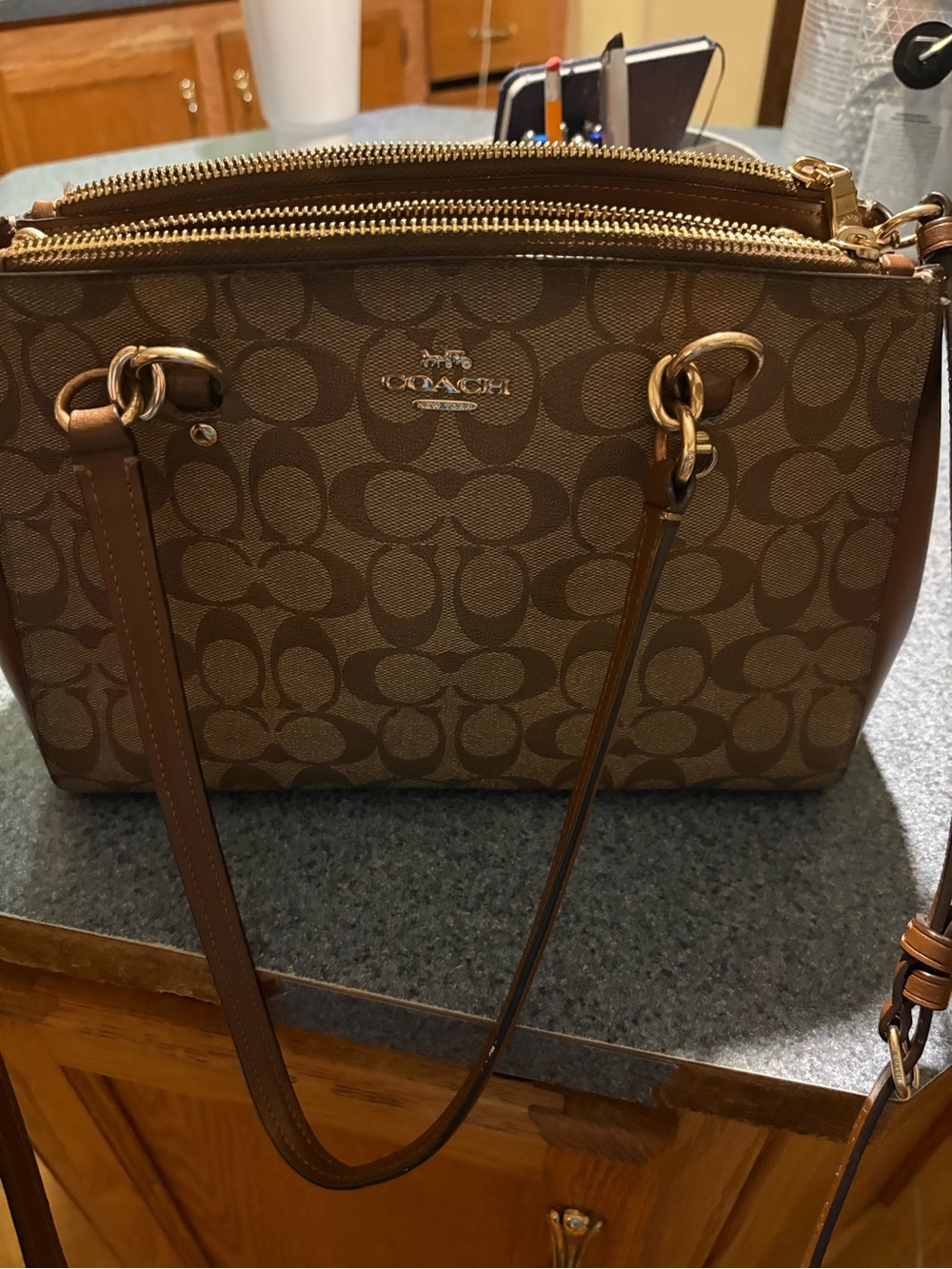 Coach Brown Logo Canvas Double-Zip Shoulder Bag with Gold Hardware